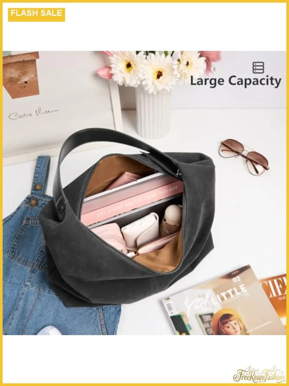 Slouchy Tote Bag 18L Casual Vegan Leather Crescent Hobo Zipper Bag
